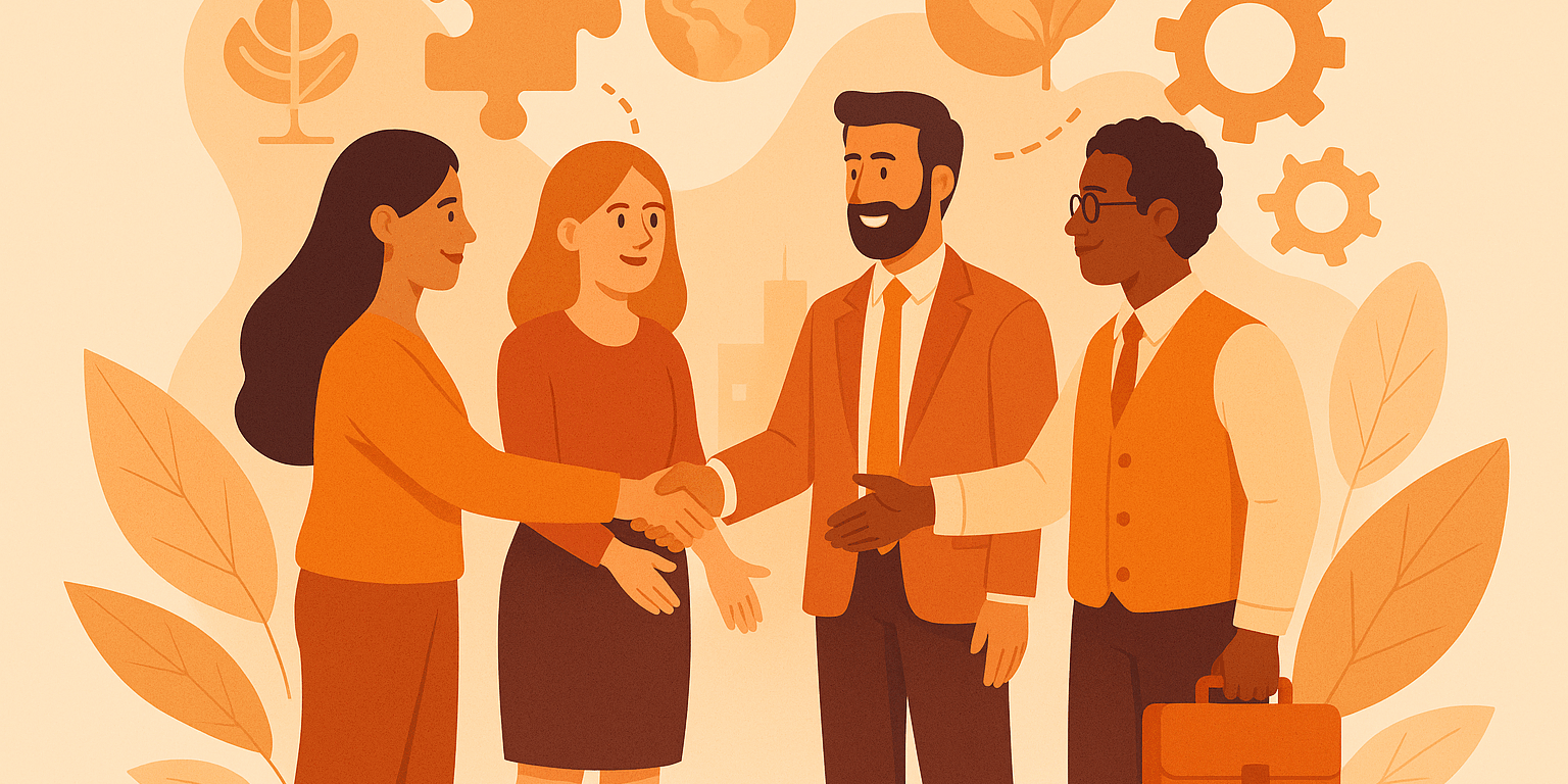Vier professionals van diverse achtergronden schudden elkaar de hand in een oranje getinte illustratie, omringd door abstracte symbolen zoals puzzelstukken, tandwielen, bladeren en een wereldbol – symbool voor samenwerking, inclusie en duurzame vooruitgang.