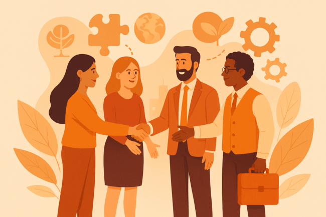 Vier professionals van diverse achtergronden schudden elkaar de hand in een oranje getinte illustratie, omringd door abstracte symbolen zoals puzzelstukken, tandwielen, bladeren en een wereldbol – symbool voor samenwerking, inclusie en duurzame vooruitgang.